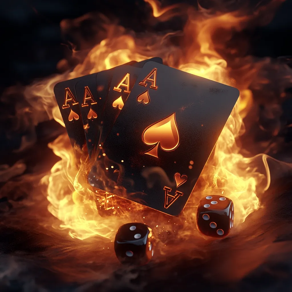 Here's a description of the image:

The image depicts three black aces of spades, seemingly engulfed in flames. The cards are positioned at an angle, with the Ace of Spades prominently displayed. Two black dice rest near the fiery cards, adding to the gambling theme. The fire is vibrant and dynamic, creating a dramatic, high-contrast scene with a dark, smoky background. The overall impression is one of intense risk, luck, and perhaps even danger, suggestive of high-stakes gambling.  The rendering style is highly realistic, with detailed textures on both the cards and dice.