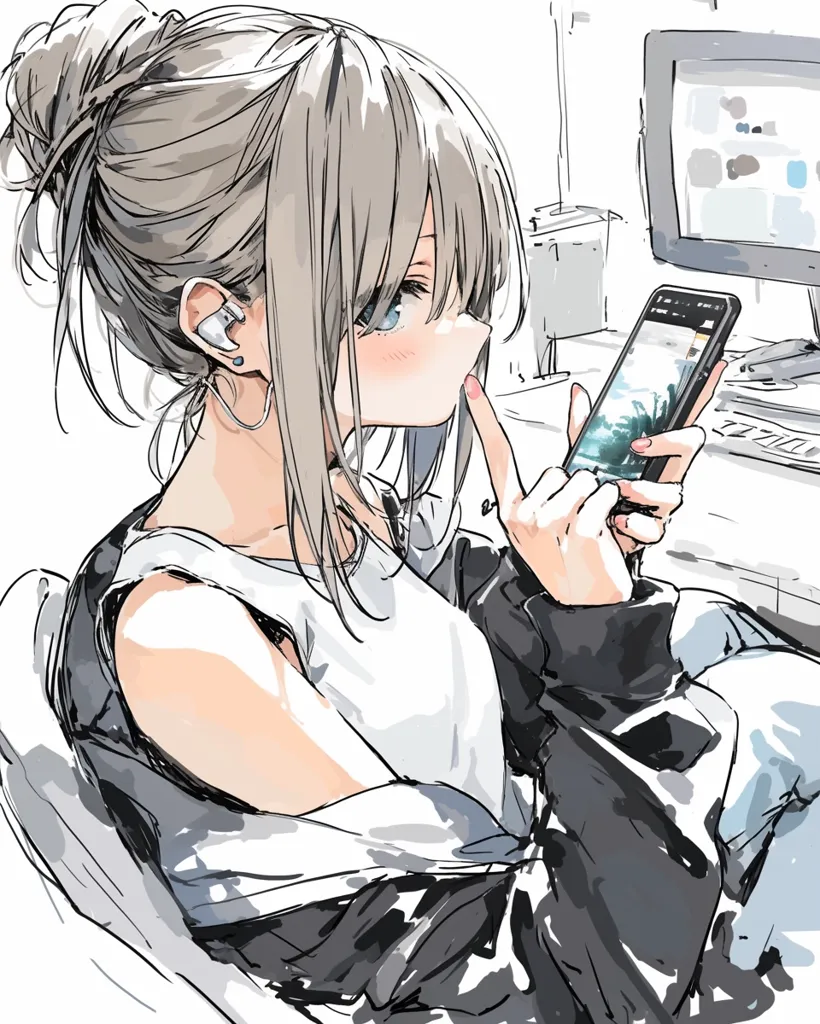 Here's a description of the image:

The illustration showcases a young woman with long, light gray hair styled in a high bun.  She's wearing a sleeveless white top under a dark jacket, and her attire suggests a casual, comfortable style.  She's seated, holding a smartphone displaying a tropical scene, one finger lightly touching her cheek. Earbuds are visible in her ear. A computer monitor is partially visible in the background, suggesting a digital workspace. The artistic style is loose and expressive, employing a soft color palette and visible brushstrokes, characteristic of digital painting or illustration. The overall mood is serene and contemplative.