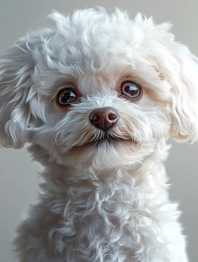 Here's a description of the image:

Close-up view of a small, fluffy white dog, possibly a Maltese or a similar breed. Its fur is thick and curly, appearing soft and light. The dog's eyes are dark and expressive, gazing directly at the viewer. Its nose is dark brown, and its expression is gentle and somewhat inquisitive. The background is a plain, light gray, which keeps the focus solely on the dog. The overall impression is one of sweetness and charm.