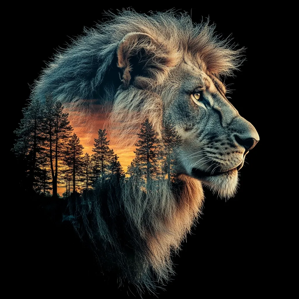 Here's a description of the image:

The image is a striking double exposure photograph.  A majestic lion's head and mane, in profile view, are overlaid with a silhouette of a forest at sunset. The warm hues of the sunset contrast beautifully with the lion's darker fur.  The overall effect is both powerful and serene, suggesting a connection between the wild animal and the natural world. The dark background isolates the subject, drawing attention to the detailed textures and the artistic blend of the two images.