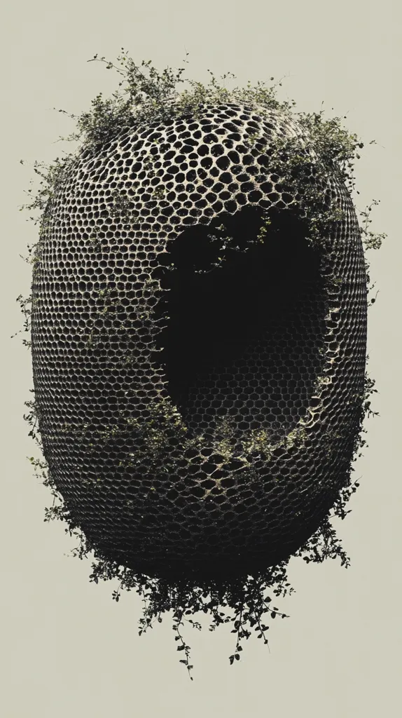The image shows a large, dark sphere resembling a honeycomb structure.  It's heavily textured and appears aged or weathered.  Vines and small plants sprout from its surface and partially conceal the hexagonal pattern.  A large opening or cavity is visible within the sphere. The background is a muted, light beige, which contrasts with the dark tones of the central object. The overall impression is one of decay and natural reclamation.