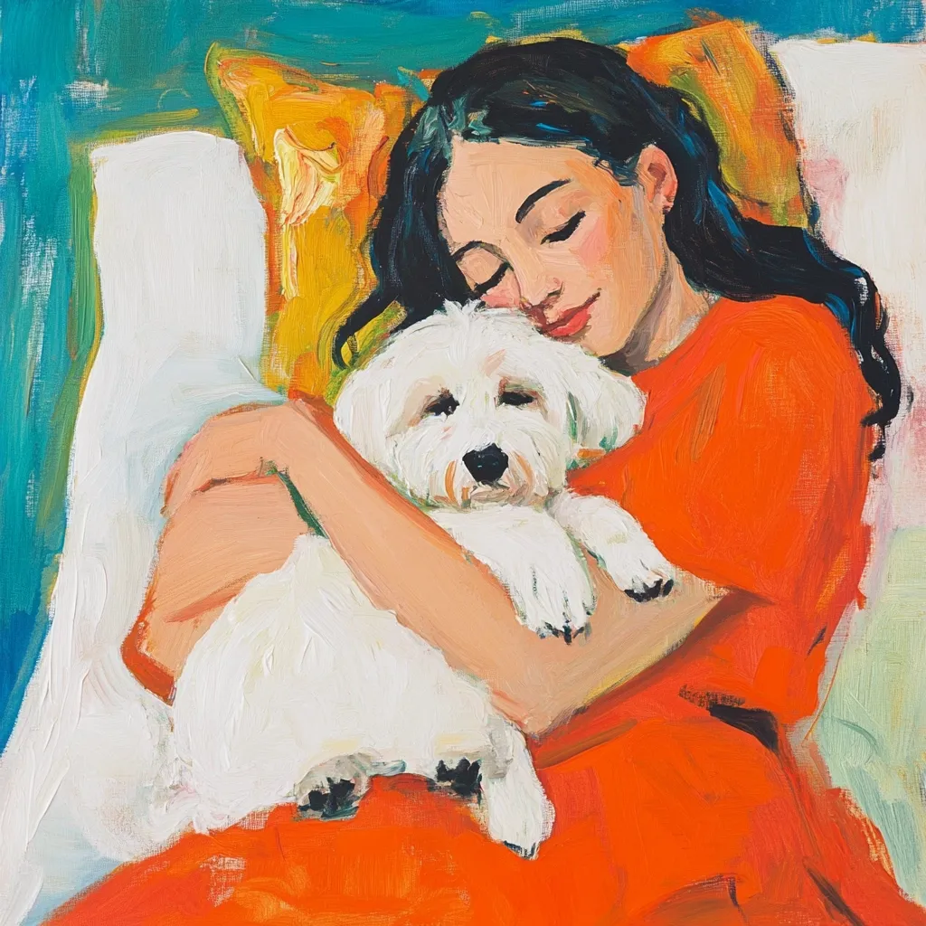Here's a description of the image:

The painting is a vibrant, expressive portrayal of a young woman asleep in bed, cradling a small white dog.  The woman, with long dark hair, wears a bright orange dress. Her eyes are closed, and she appears peaceful. The dog rests comfortably in her arms.  The color palette is bold, with contrasting shades of orange, white, and teal, creating a warm and intimate atmosphere. The style is loose and impressionistic, utilizing visible brushstrokes to convey a sense of movement and emotion.  The background features pillows in warm yellows and the teal wall adds a sense of depth. The overall impression is one of serene companionship and restful slumber.