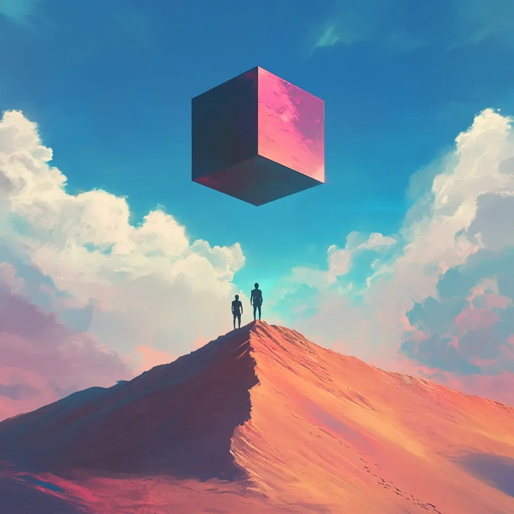 Here's a description of the image:

The artwork depicts a surreal landscape under a vibrant sky filled with fluffy clouds. Two silhouetted figures stand atop a gently sloping sand dune, gazing up at a large, floating, pinkish-purple cube. The cube is the central focus, appearing otherworldly against the bright blue sky. The overall style is digitally painted, with a soft, dreamlike quality to the colors and textures.  The scene evokes a sense of mystery and wonder, leaving the viewer to contemplate the meaning of the floating cube and the figures' reaction to it.