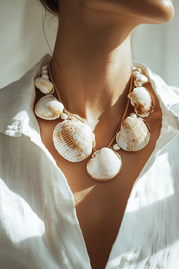 Close-up of a woman wearing a seashell necklace.  The necklace features several large, light brown and white seashells strung together with a light cord, interspersed with small pearls. The woman is wearing a loose, white, collared shirt, and sunlight illuminates her neck and the jewelry. The overall aesthetic is relaxed and summery, evoking a beachy vibe.