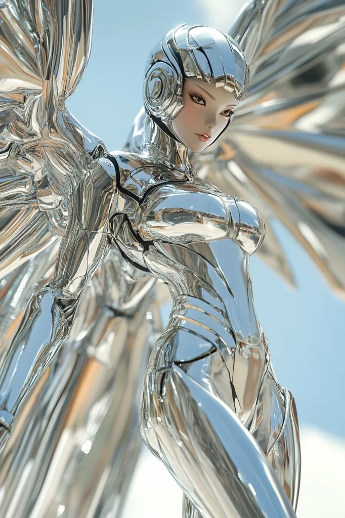 The image showcases a highly detailed chrome-plated robotic figure, possibly a statue or figurine.  The figure has a feminine form, wearing a sleek, metallic suit with a helmet.  Large, reflective wings extend from its back, catching the light. The polished surface creates numerous reflections, adding to its futuristic and almost ethereal quality. The setting appears to be outdoors with a bright, slightly hazy sky in the background. The overall aesthetic is one of polished science fiction, sleek design, and a hint of otherworldly grace.