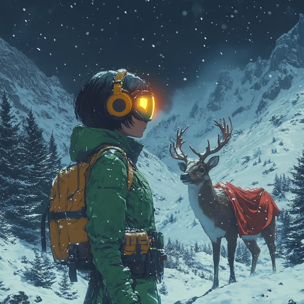 A young woman, clad in a green jumpsuit and protective goggles, stands in a snowy mountain landscape.  She wears large headphones and carries a substantial backpack.  A deer, draped in a crimson cloak, observes her from a short distance. The scene is set at night, with softly falling snow and a dark, starlit sky. The overall mood is serene and slightly mystical, hinting at a journey or encounter of significance.  The contrast between the futuristic attire of the woman and the natural elements of the scene creates a captivating visual narrative.