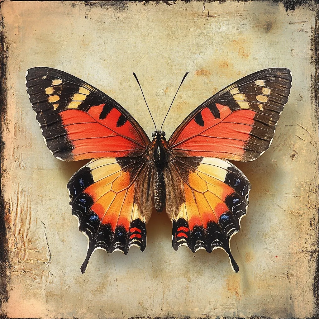Here's a description of the image:

The image showcases a meticulously detailed butterfly, centrally positioned against a textured, antique-style background. The butterfly's wings display vibrant hues of orange and red, intricately patterned with black and hints of blue.  The wings are sharply defined, showing the delicate scales and veins. The background is a muted beige with a distressed, aged appearance, suggesting parchment or canvas, enhancing the vintage aesthetic. The overall composition creates a feeling of classic elegance and natural beauty.