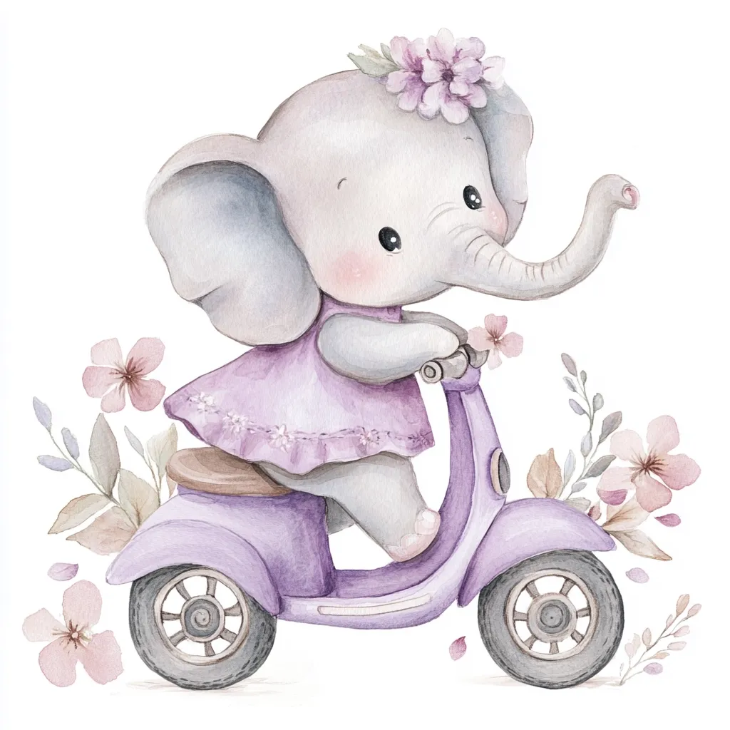 Here's a description of the image:

A charming watercolor illustration depicts a baby elephant, adorned in a lavender dress and floral crown, riding a purple scooter. The elephant's features are soft and endearing, with large, expressive eyes.  Delicate pink and mauve flowers and foliage surround the scene, adding a whimsical touch. The overall style is gentle and sweet, suitable for children's books or nursery decor. The scooter is small and perfectly sized for the elephant, adding to the cute aesthetic.
