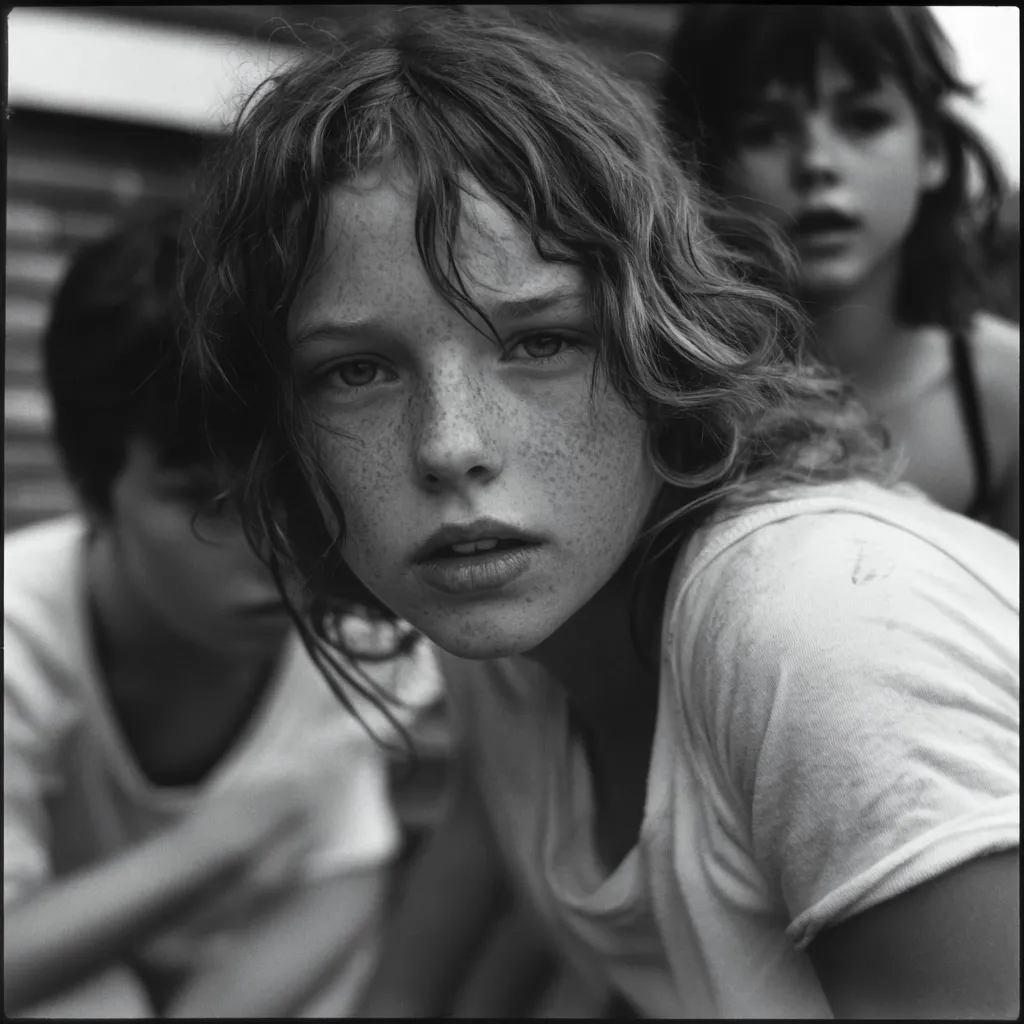 Here's a description of the image:

The black and white photograph centers on a freckled girl with curly hair, her gaze directed intently at the viewer. She's slightly hunched forward, wearing a simple, loose-fitting t-shirt.  Behind her, slightly out of focus, are two other children; one is another girl with darker hair, her expression more serious and distant. The third, partially visible, is a boy. The overall impression is one of candid intimacy, capturing a moment of quiet intensity amidst a group of children.  The background is blurred, suggesting an outdoor setting. The image's contrast and grain enhance the raw, emotional feel.