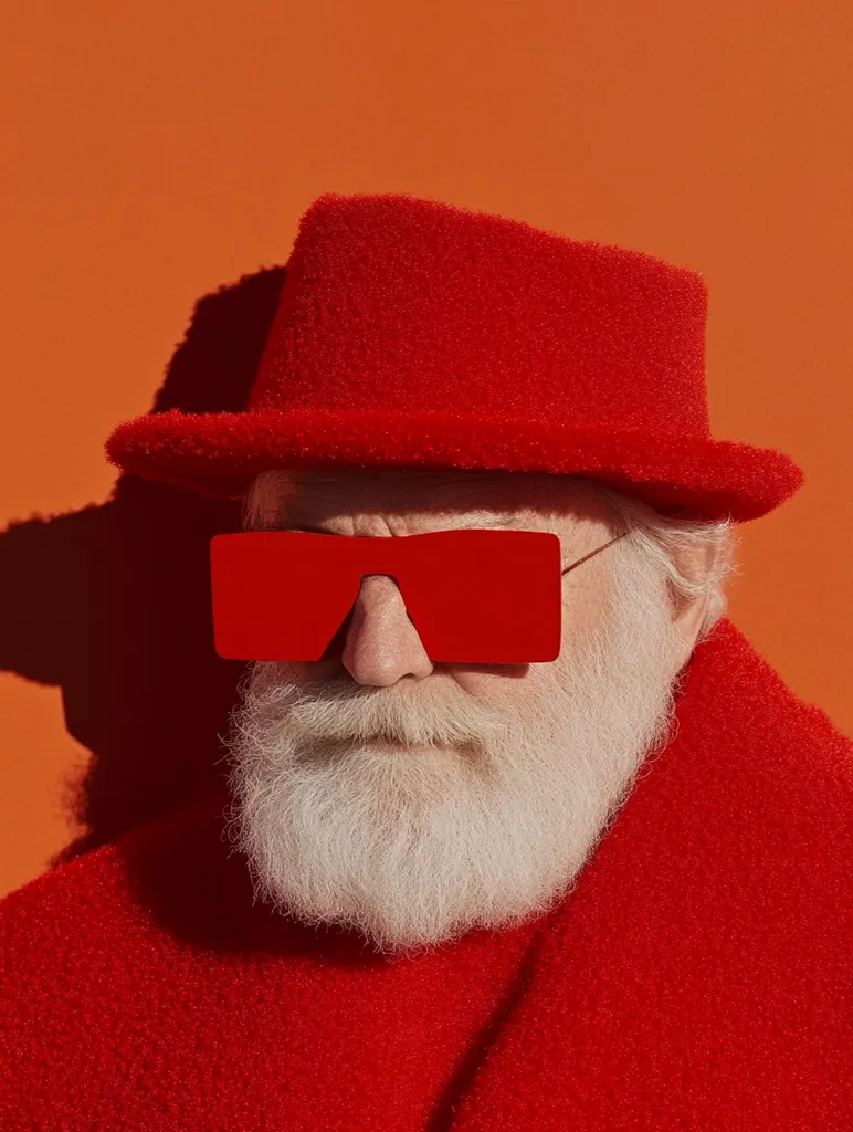 Here's a description of the image:

Close-up view of an older man with a long, white beard, wearing a vibrant red outfit. He sports a fuzzy red fedora and oversized, square red sunglasses. His clothing is a matching red, textured material, possibly fleece or a similar fabric. The background is a solid, warm orange, creating a striking contrast with the man's attire. The overall image is bold and stylized, suggesting a fashion or artistic photoshoot.  The man's expression is serious and somewhat obscured by his sunglasses and beard.