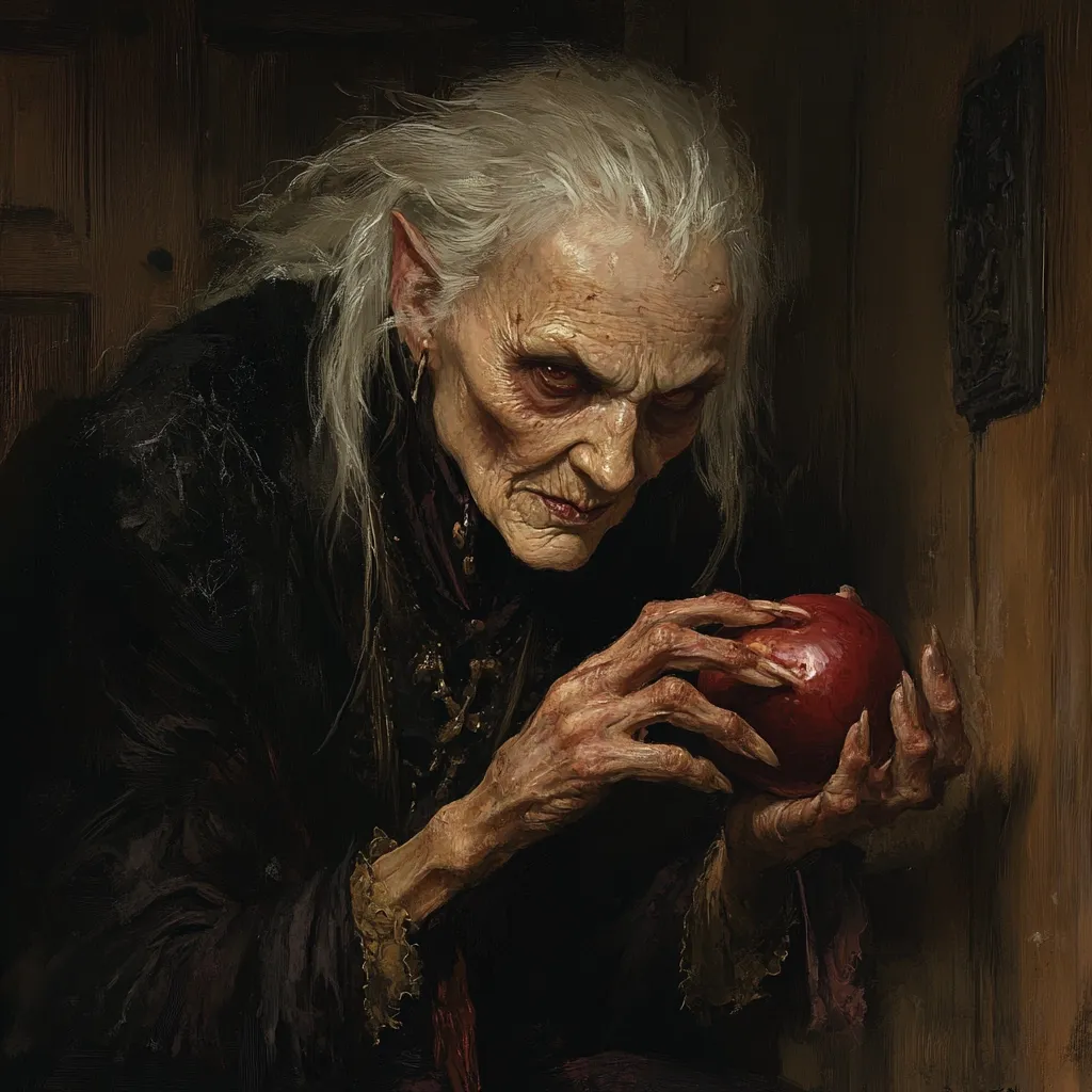 The painting depicts an elderly woman with long, white hair and pointed ears, suggesting an elven or fantastical creature.  Her weathered face shows deep wrinkles and intense, reddish eyes. She clutches a red apple in gnarled hands, her gaze fixed on it with an unsettling intensity. The dark, muted tones of her clothing and the shadowy background create a mysterious and slightly sinister atmosphere. The overall style is reminiscent of dark fantasy or gothic art.