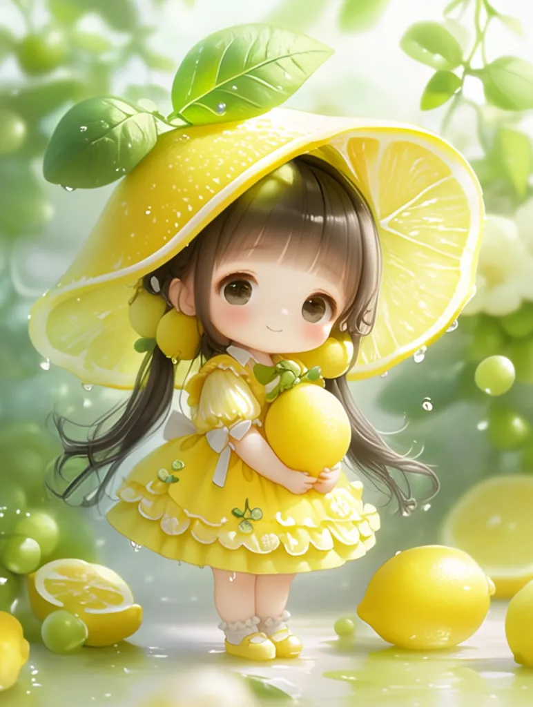 An adorable anime-style girl, with long dark hair, is depicted wearing a bright yellow lemon-shaped hat and dress.  She cherishes a small lemon in her hands.  Rain droplets adorn the hat and her dress, creating a fresh, summery feel.  Surrounding her are more lemons and green grapes, enhancing the vibrant, fruity atmosphere of the illustration.  The overall style is cute and whimsical, with a soft color palette and detailed rendering.