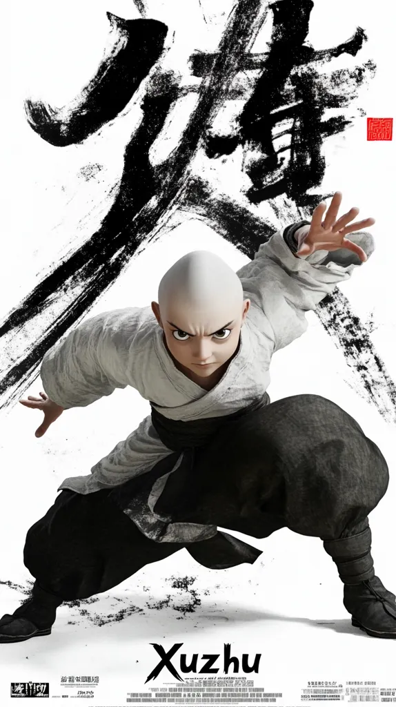 This is a poster for the animated film "Xuzhu."  A bald, young protagonist, rendered in a realistic style, is depicted mid-leap, his body dynamic and poised.  He's dressed in flowing, dark grey and light grey martial arts attire.  The background features bold, black ink brushstrokes, suggestive of Chinese calligraphy and action, framing the figure and lending a powerful, artistic aesthetic.  The film title, "Xuzhu," is prominently displayed at the bottom. The overall style combines animation with traditional Chinese art elements.