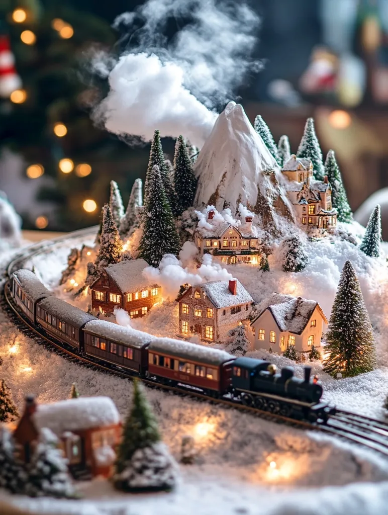A miniature Christmas village scene is nestled in a snowy landscape, complete with a winding train track.  A steam train chugs through the snow-covered town, passing charming houses adorned with warm, glowing lights.  A snow-capped mountain forms the backdrop to this idyllic winter wonderland, enhanced by frosted evergreen trees.  The scene is beautifully lit, creating a magical and festive atmosphere.  The overall effect is one of cozy, enchanting holiday charm.
