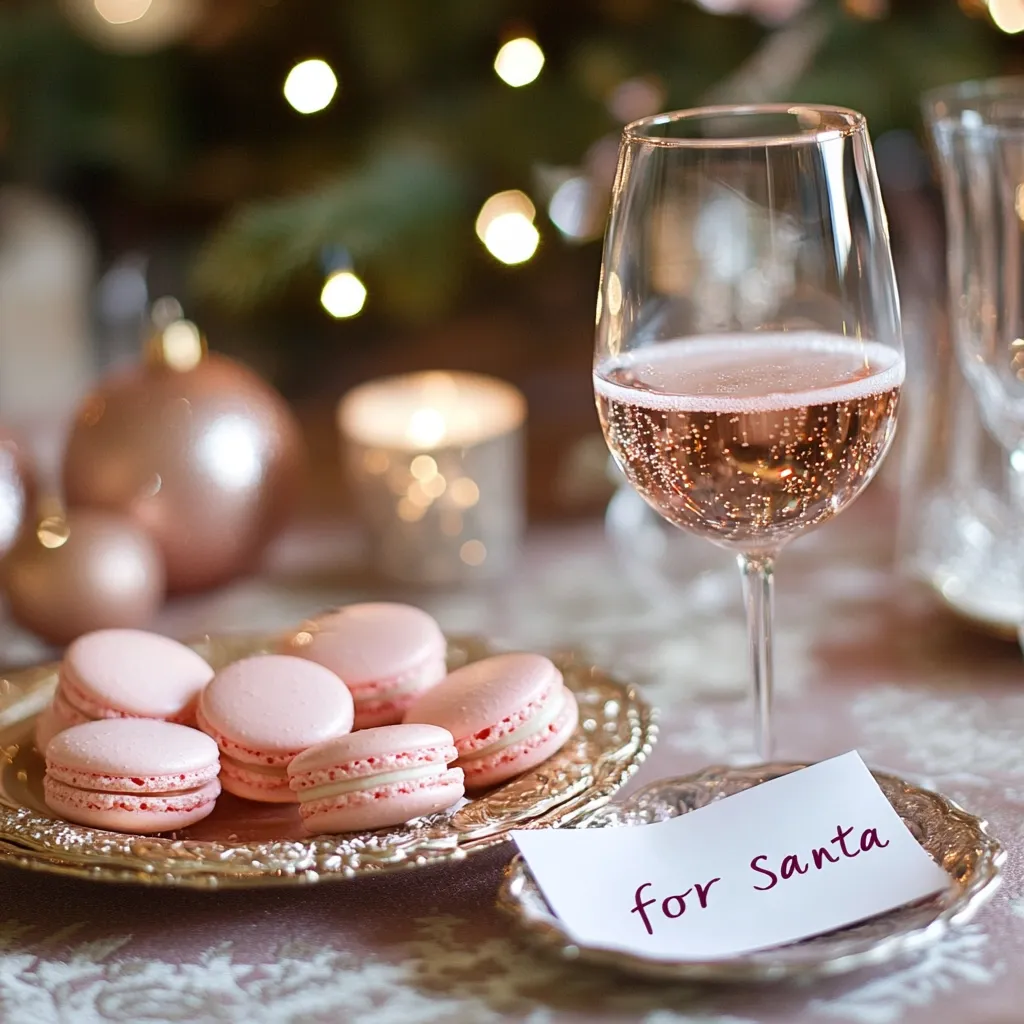 A festive table setting features a glass of rosé champagne, a silver plate of delicate pink macarons, and a small note reading "for Santa."  Rose-colored ornaments and soft candlelight create a warm, Christmas ambiance. The overall scene is elegant and suggestive of a celebratory holiday moment.  The focus is on the macarons and champagne, creating a visually appealing and inviting image.