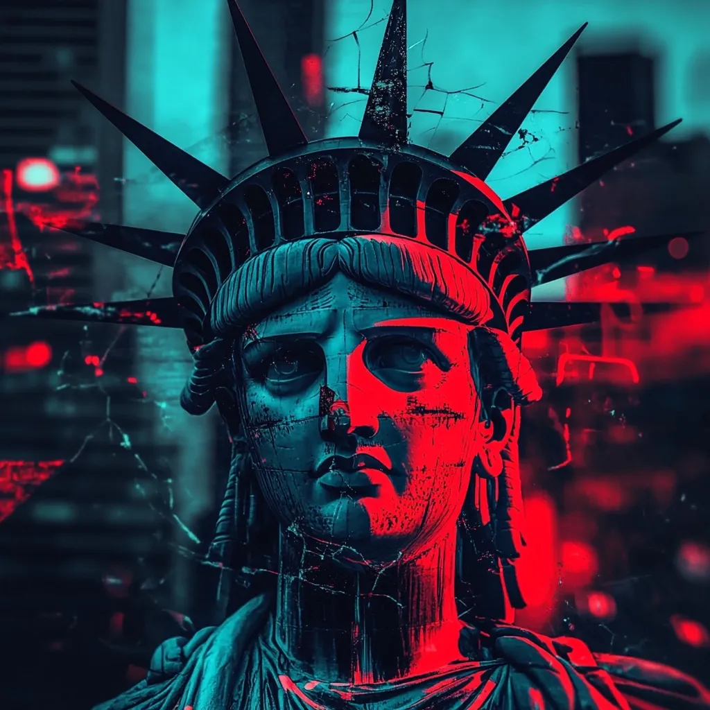 Here's a description of the image:

The image is a stylized close-up of the head and shoulders of the Statue of Liberty.  The statue is rendered in a dark teal and vibrant red color scheme, giving it a futuristic, almost cyberpunk aesthetic.  The surface appears cracked and weathered, adding to the gritty feel.  The background is blurred but suggests a city at night, with red and blue lights visible through what looks like a shattered glass overlay. The overall effect is dramatic and evocative, blending iconic imagery with a modern, artistic interpretation.