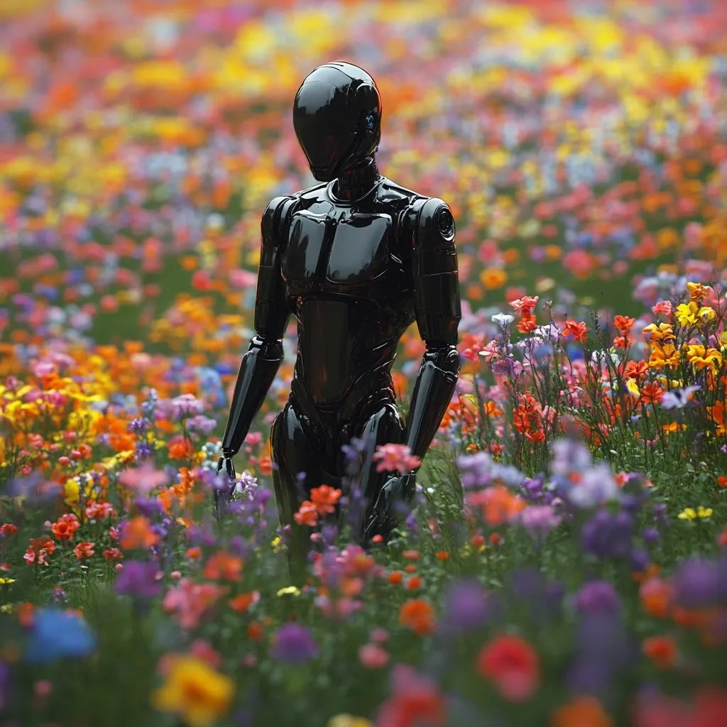 A sleek, black robot stands amidst a vibrant field of wildflowers. Its smooth, polished surface contrasts sharply with the colorful blossoms. The robot's head is bowed slightly, giving it a contemplative or pensive air.  The scene blends elements of advanced technology and natural beauty, creating a juxtaposition of the artificial and organic worlds. The flowers are a diverse array of colors and types, adding depth and visual interest to the image. The overall mood is serene and slightly mysterious.