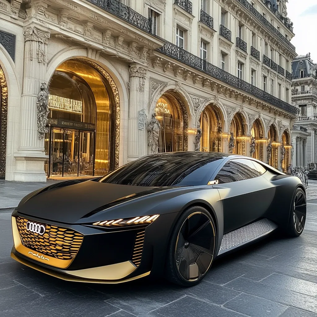 A sleek, black Audi concept car, accented with gold trim, is parked in front of an elegant, classical Parisian building. The building's arched entryways are illuminated with warm golden light, creating a luxurious backdrop for the vehicle. The car's design is futuristic and sophisticated, reflecting the opulent surroundings.  The overall scene conveys a sense of wealth, sophistication, and modern design.