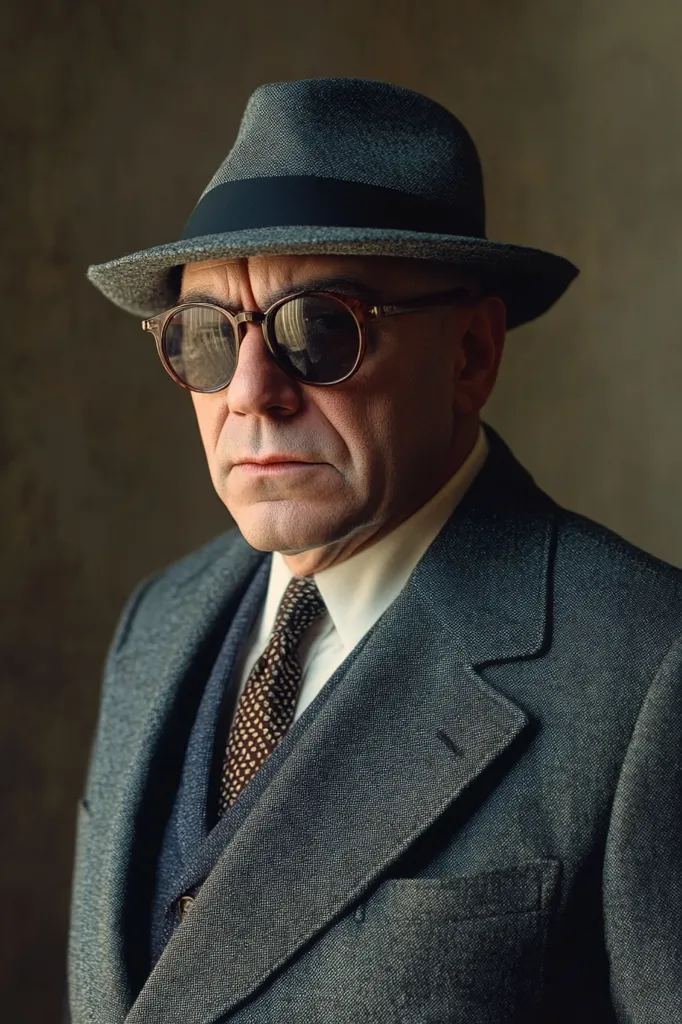 A man in a grey fedora and round sunglasses stares intently at the viewer. He's dressed in a dark grey three-piece suit with a patterned tie, his expression serious and somewhat stern. The image is a stylish portrait, likely inspired by 1930s or 1940s aesthetics, with a muted color palette and dramatic lighting that emphasizes his features and clothing. The background is a simple, blurred, dark brown.
