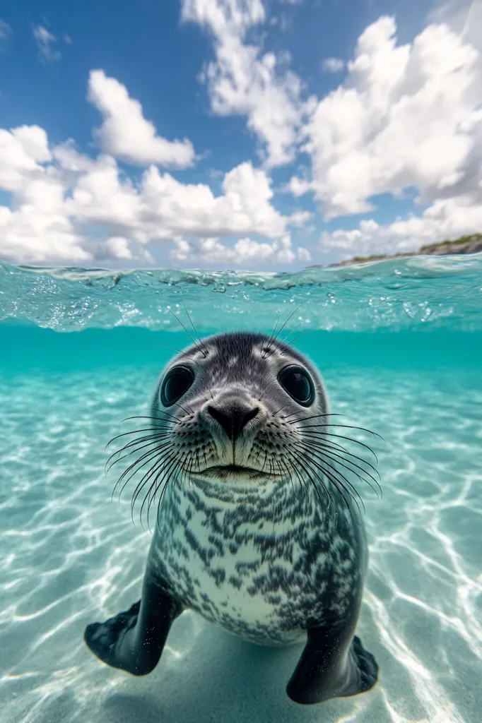 Here's a description of the image:

An underwater close-up captures a young seal's curious gaze.  Its dark eyes, speckled grey and white fur, and long whiskers are clearly visible. The seal appears to be swimming just below the surface of clear, turquoise water, with a bright blue sky and fluffy white clouds visible above the waterline. The sandy bottom is partially visible, adding to the serene underwater scene. The overall impression is one of playful curiosity and the beauty of the marine environment.