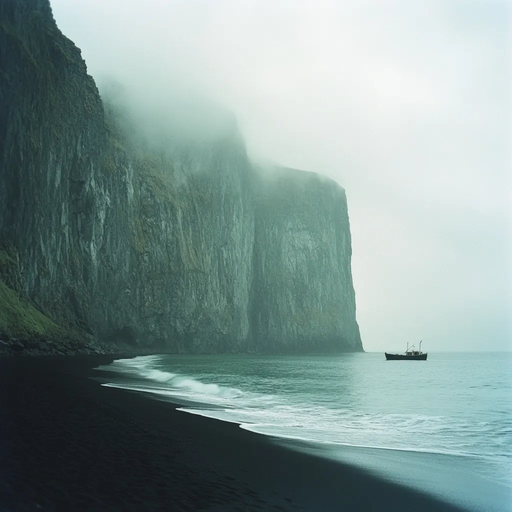 A solitary, dark-hulled ship rests on a calm sea before a towering, mist-shrouded cliff face.  The cliff, a dramatic wall of dark grey rock, rises steeply from a black sand beach where gentle waves lap the shore.  A serene, almost ethereal atmosphere pervades the scene, accentuated by the muted colors and pervasive fog. The image evokes a sense of isolation and the raw beauty of a remote, coastal landscape.