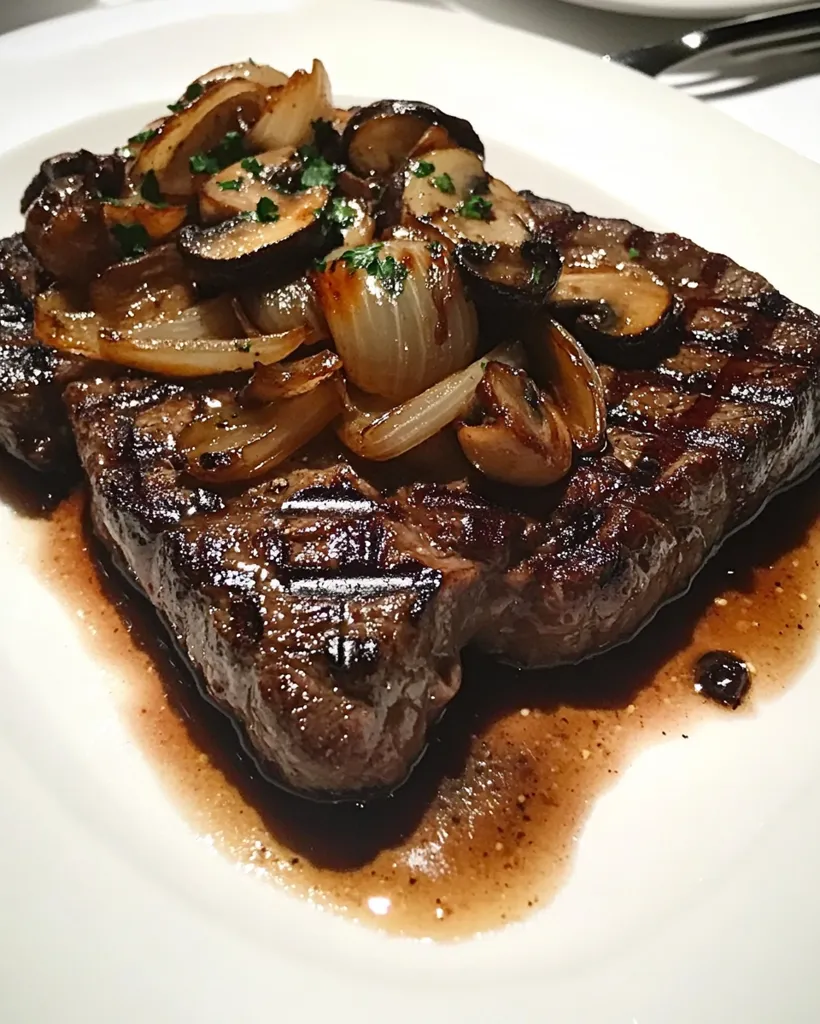 Here's a description of the image:

A perfectly seared steak, glistening with a rich, dark sauce, is the centerpiece of the image.  The steak is topped with sautéed mushrooms and caramelized onions, which are browned and slightly glistening.  A sprinkle of fresh parsley adds a touch of green. The steak rests on a white plate, with the dark sauce pooling around it, enhancing its visual appeal.  The overall presentation is elegant and suggestive of a high-quality, restaurant-prepared meal.