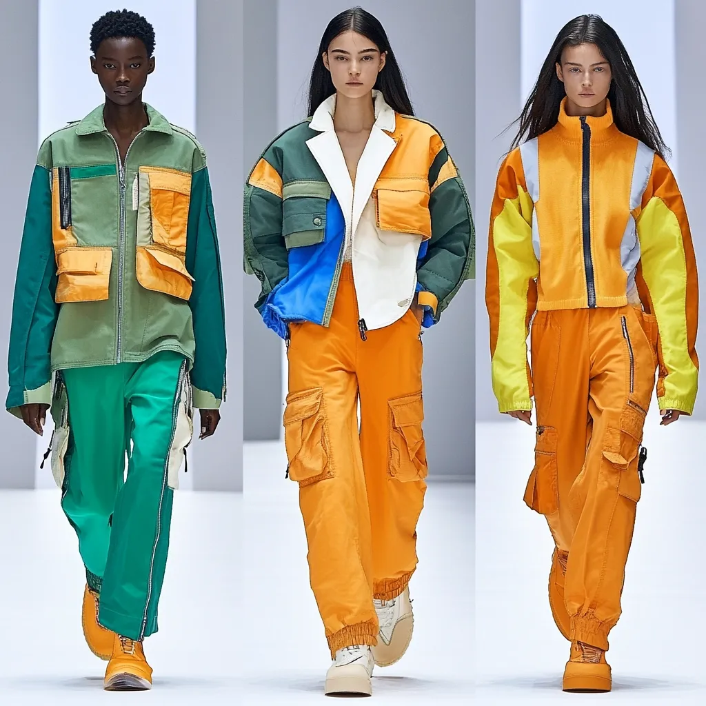 Three models showcase vibrant, multi-paneled cargo pants and jackets.  The first model wears a green and orange patchwork jacket with green cargo pants featuring a contrasting teal side panel.  The second model sports an orange and blue color-blocked jacket paired with matching orange cargo pants. The third model is dressed in a bright orange and yellow jacket and matching pants, exhibiting a more streamlined design.  All three outfits feature utilitarian pockets and a contemporary, streetwear aesthetic.