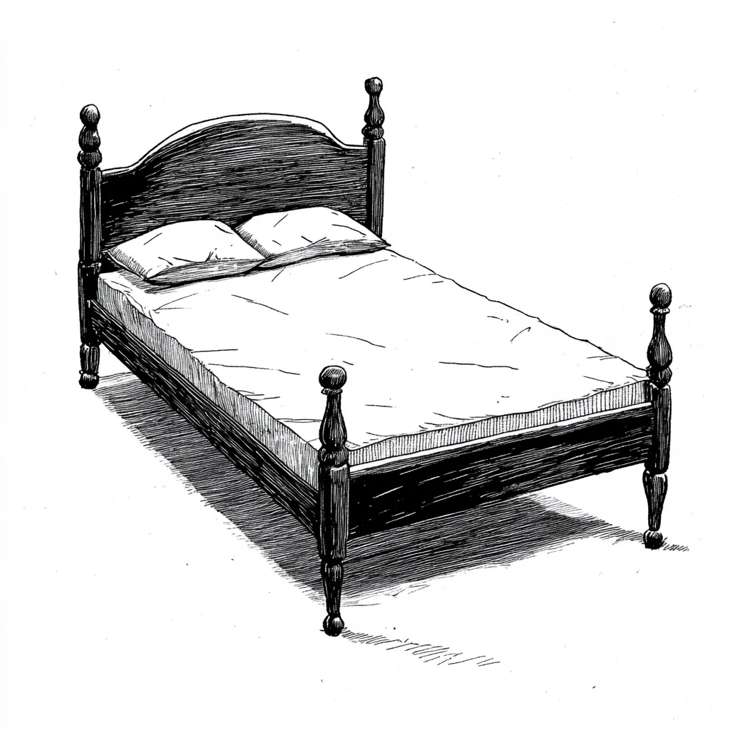 Here's a description of the image:

The ink drawing depicts a single bed, viewed from a slightly elevated angle.  It features a dark, wooden frame with turned posts at the head and foot.  The headboard is curved, and the bed is made with a simple sheet and two pillows. The style is reminiscent of antique or traditional furniture.  The shading and linework create a sense of depth and texture. The bed casts a subtle shadow on the floor, adding to the three-dimensional effect. The overall impression is one of simplicity and quietude.