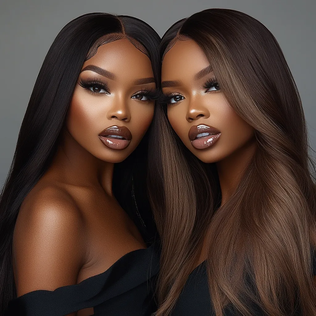 Here's a description of the image:

Close-up shot of two dark-skinned women with long, flowing hair.  One woman has straight black hair, while the other's hair is a rich, dark brown with subtle highlights. Both have flawless, professionally applied makeup featuring a glossy lip and defined eyes. They are positioned closely together, almost mirroring each other,  dressed in simple black off-the-shoulder tops against a neutral gray background. The image emphasizes their beauty and the quality of their hair and makeup.