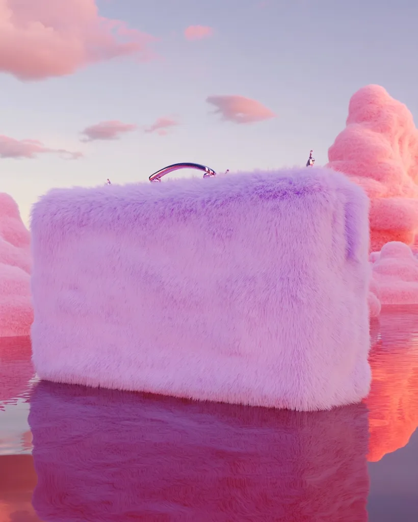 Here's a description of the image:

The image shows a fluffy, light purple suitcase sitting on a pink, reflective surface of water. The suitcase has a metallic, silver handle. The background features surreal, cotton-candy-like pink clouds or formations in a pastel sky. The overall scene is dreamlike and surreal, with a strong emphasis on soft, pastel colors and textures. The reflection of the suitcase is visible in the water, adding to the dreamy atmosphere.