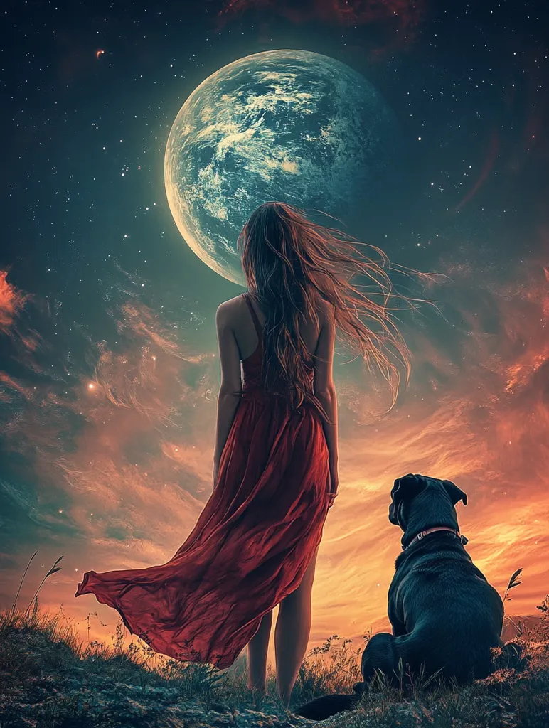 A woman in a flowing red dress stands with her back to the viewer, gazing at a massive, Earth-like moon dominating the twilight sky.  Her long hair blows in an unseen wind. A black dog sits beside her, also looking towards the celestial body. The scene is surreal and dreamlike, with a vibrant, colorful sunset and a star-studded night sky forming a dramatic backdrop. The overall mood is one of wistful contemplation and serene solitude.
