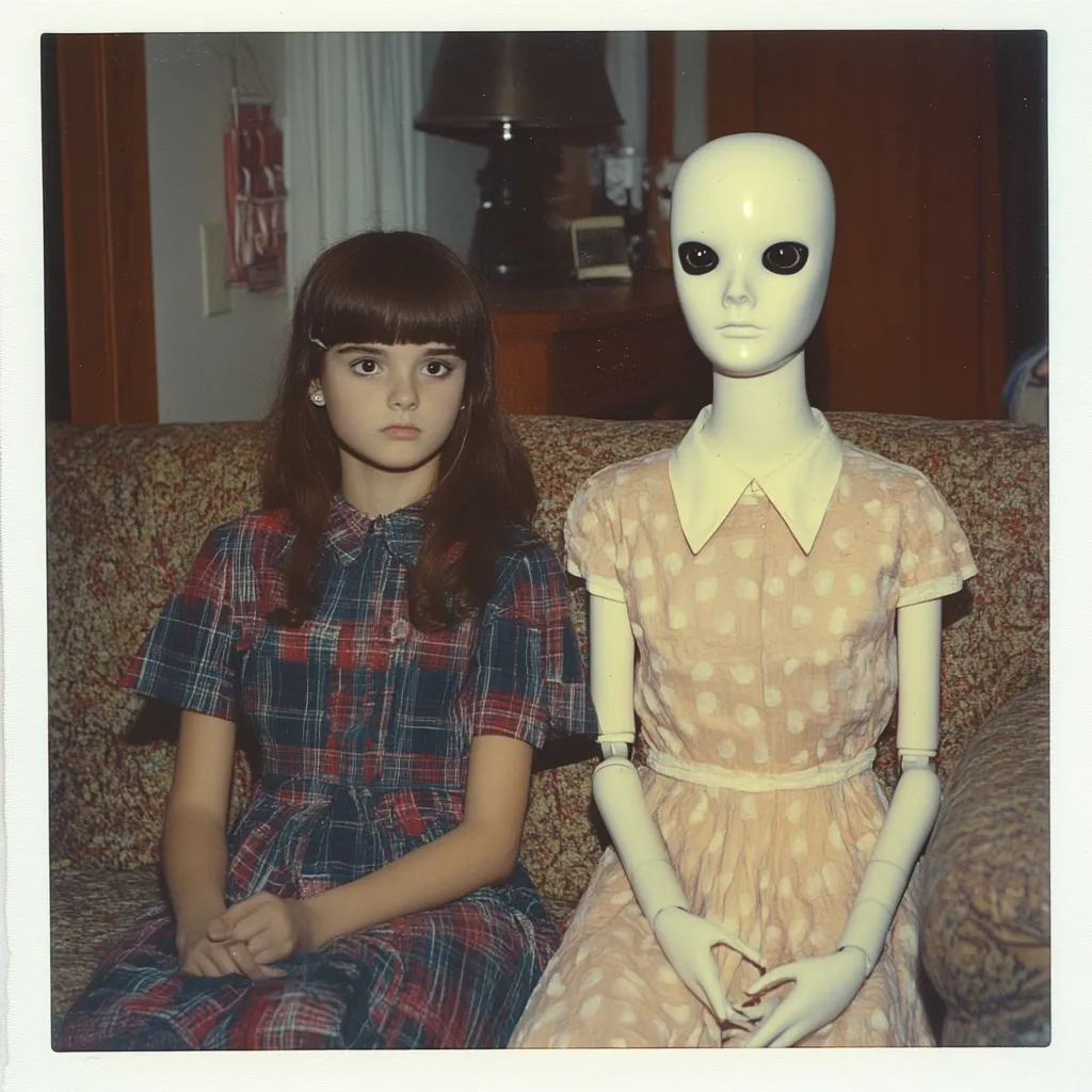 Here's a description of the image:

A vintage Polaroid-style photograph shows a young girl with dark hair wearing a plaid dress sitting beside a pale, mannequin-like figure in a polka-dot dress. The girl has a serious expression, her hands clasped in her lap. The mannequin has large, dark eyes and an oddly blank expression. They are both seated on a floral patterned couch in what appears to be a domestic setting, suggesting an unsettling juxtaposition of the ordinary and the uncanny. The overall tone is mysterious and slightly eerie.
