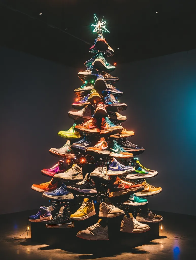 A Christmas tree constructed entirely of sneakers stands on a dark floor.  The tree is layered, with each level displaying a variety of colorful athletic shoes, creating a vibrant and unique holiday display.  A small star-shaped light tops the tree, adding to the festive atmosphere. The shoes are arranged meticulously, forming a striking and unconventional Christmas decoration.  The dark background accentuates the brightly colored footwear.