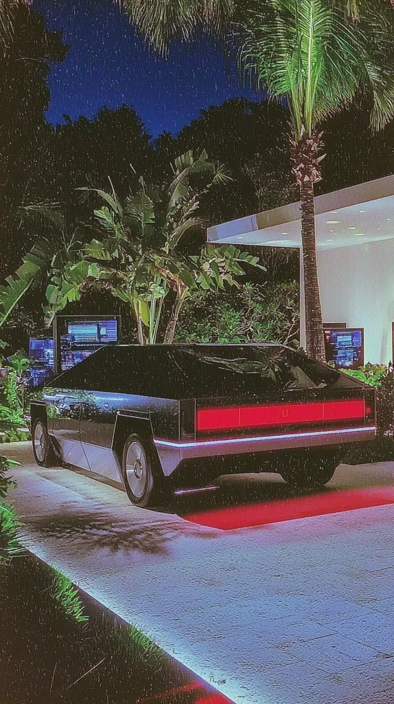 Here's a description of the image:

The image is a stylized, almost retro-futuristic depiction of a sleek, dark-colored car parked at night in front of a modern, minimalist house.  Lush tropical foliage, including palm trees, surrounds the scene.  The car's rear lights illuminate a red strip on the ground.  Two large screens, possibly displaying information or entertainment, are visible behind the car. The overall atmosphere is calm and luxurious, with a hint of 80s or 90s aesthetic. The night sky is visible, adding to the serene, nighttime setting.