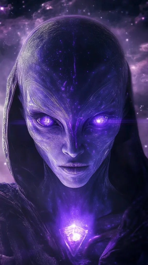 The image depicts a close-up of an alien being, seemingly female, with pale purple skin and large, glowing violet eyes.  Her face is smooth, almost ethereal, with subtle textural details suggesting a cosmic or energy-based origin. She wears a dark, hooded cloak and holds a pulsating, purple crystal, radiating light, near her chest.  The background is a nebula-like expanse of deep purple and violet, enhancing the otherworldly atmosphere.  The overall impression is one of power, mystery, and otherworldly beauty.