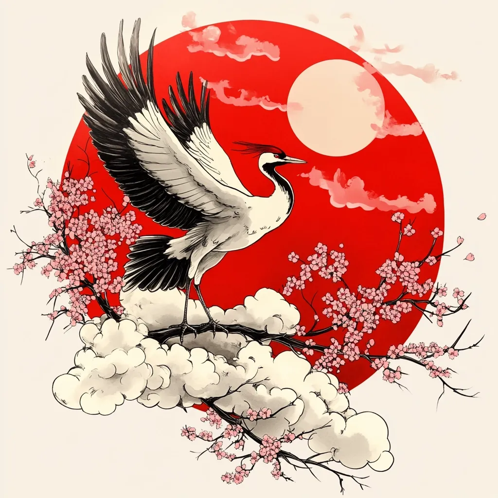 Here's a description of the image:

The artwork depicts a Japanese red-crowned crane in elegant detail, wings outstretched, perched on a stylized cloud formation amidst a blossoming cherry branch. The crane is predominantly white and black, its features sharply defined. The background showcases a large, vibrant red circle, reminiscent of a rising sun, with soft white clouds.  Pink cherry blossoms delicately frame the crane and the sun, creating a serene, almost ethereal, composition. The style blends traditional Japanese art with a modern illustrative approach.