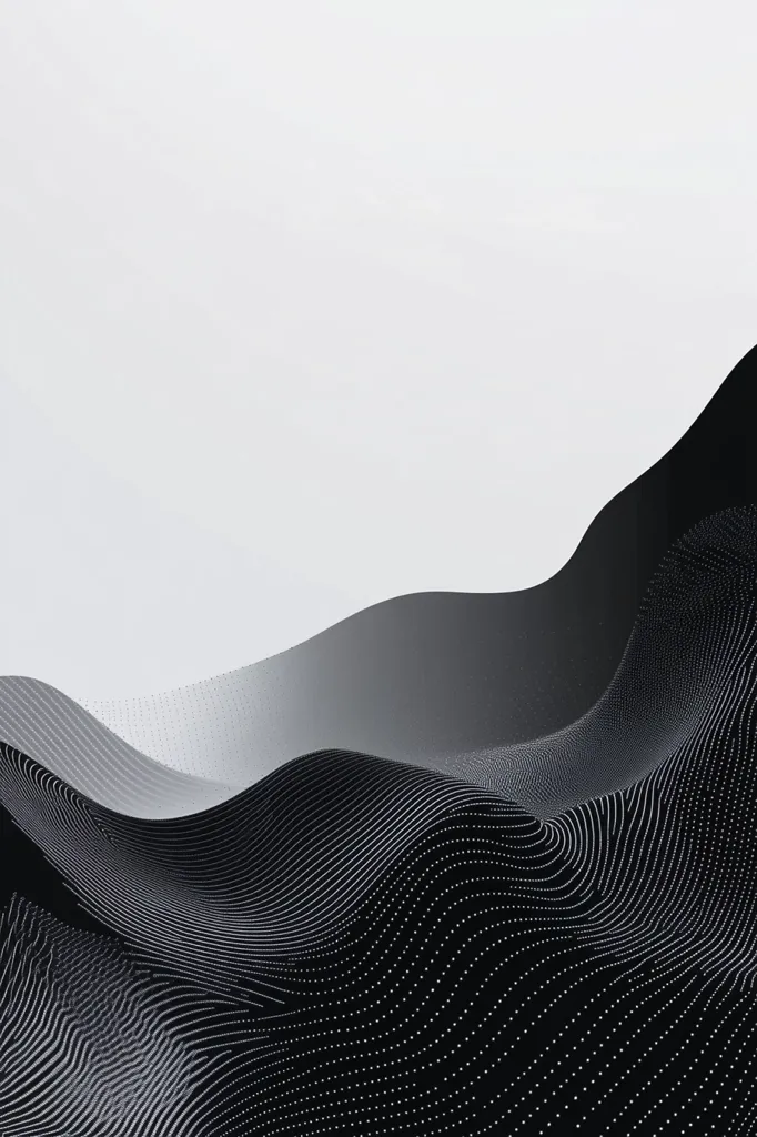 The image presents an abstract, grayscale rendering of undulating, wave-like forms.  The surface is composed of fine, interwoven lines and small dots, creating a sense of depth and texture.  The grayscale transitions smoothly from light gray at the top to deep black at the bottom, mimicking a landscape or topographic map. The overall effect is one of smooth, flowing movement against a stark white background.