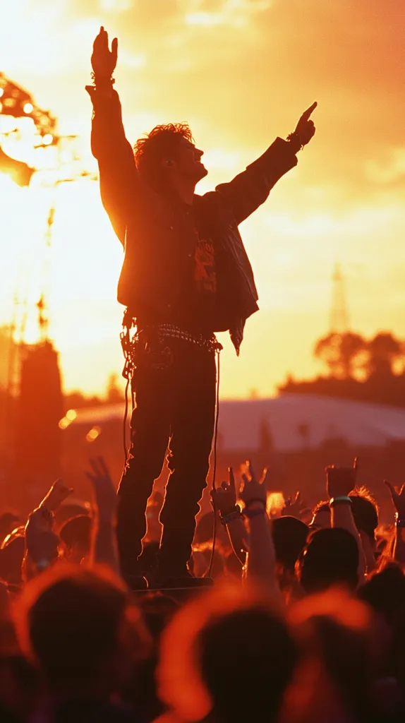 Bathed in the golden hues of a setting sun, a rock musician stands silhouetted against the sky. Arms raised in triumph, he connects with an enthusiastic crowd, their hands reaching upwards in response.  The scene is a vibrant mix of energy and emotion, captured at an outdoor concert, the orange glow highlighting the powerful bond between performer and audience.  The overall ambiance is one of exhilaration and shared experience.
