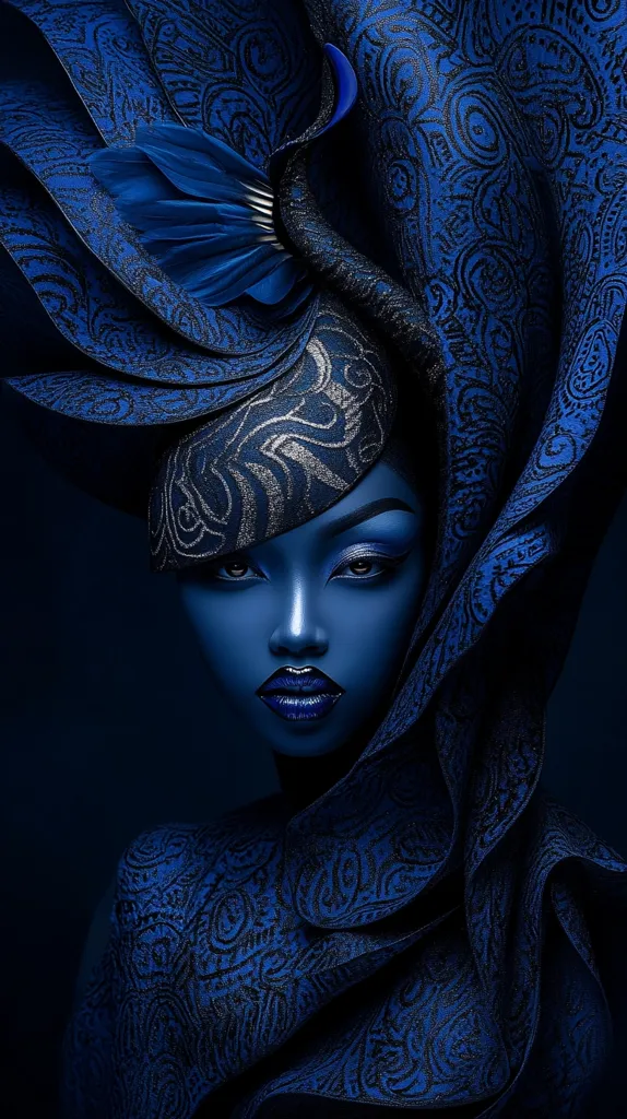 The image shows a striking portrait of a woman, her face and body rendered in shades of deep blue. She is adorned with an elaborate headpiece and garment, both in a rich blue fabric with an intricate paisley pattern.  The headpiece is dramatic and voluminous, framing her face. The overall effect is one of elegance, mystery, and artistic sophistication. The dark background enhances the vibrancy of the blue tones.