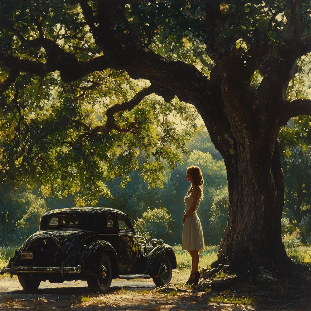 Here's a description of the image:

The painting depicts a serene scene under a large, sprawling oak tree. A young woman in a light-colored summer dress stands in profile, gazing pensively into the distance.  Beside her, a vintage black coupe is parked, its dark sheen contrasting with the dappled sunlight filtering through the leaves. The overall mood is nostalgic and romantic, evoking a sense of peaceful contemplation and a bygone era. The artist uses rich colors and masterful light and shadow to create a captivating atmosphere. The lush green foliage of the tree provides a vibrant backdrop to the figures.