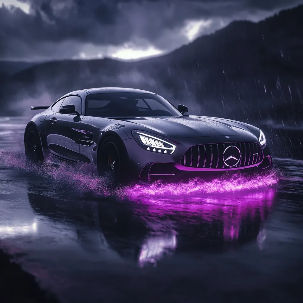 A dark gray Mercedes-AMG GT R drives through a rain-swept landscape at dusk.  The car is sleek and powerful, its headlights piercing the gloom.  A vibrant, neon pink light emanates from beneath the front bumper, creating a striking contrast against the dark wet asphalt and reflecting in the puddles.  The background features a misty, mountainous scene, adding to the moody atmosphere. The overall image is dramatic and stylish.