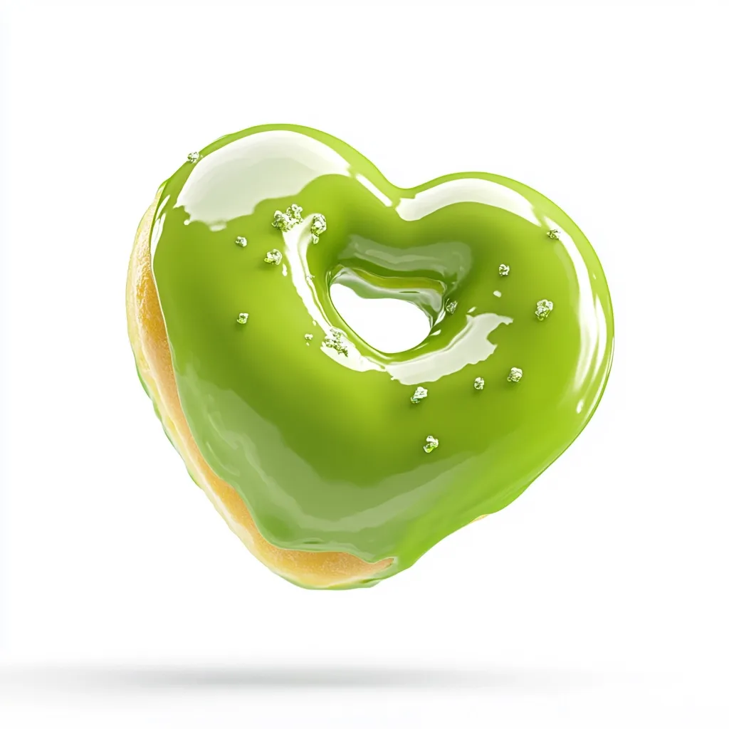Here's a description of the image:

The image shows a heart-shaped donut, seemingly levitating against a clean white background.  It's glazed in a vibrant, glossy lime green icing, speckled with tiny, light-colored sprinkles. The donut's hole is clearly visible, and a hint of the lighter-colored dough underneath the icing peeks through at the edges. The overall impression is one of sweetness and playful visual appeal.  The lighting highlights the glossy texture of the icing.