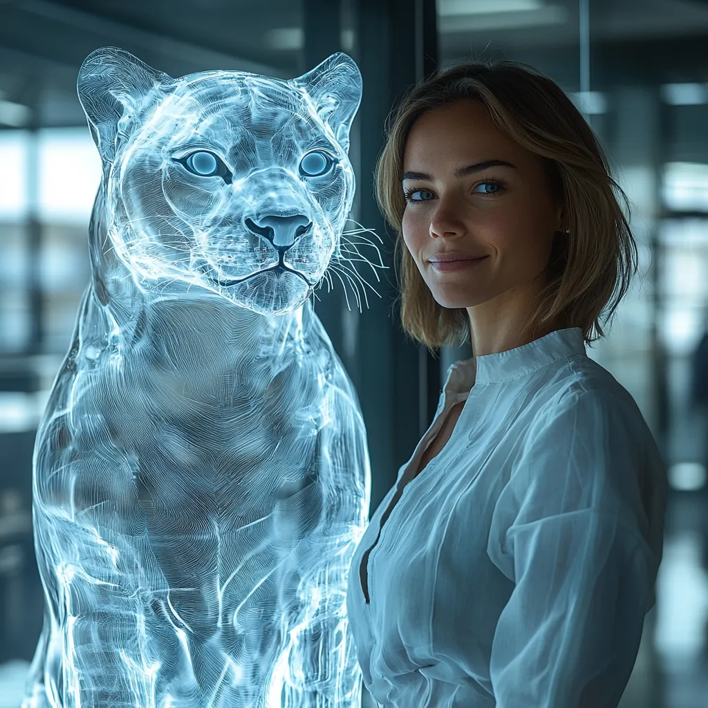 A young woman with shoulder-length blonde hair smiles subtly, standing beside a translucent, ethereal image of a large cat, possibly a cougar or panther. The cat's form is rendered in glowing blue lines, suggesting a digital or holographic projection.  The woman wears a light-colored, loose-fitting blouse. The background is blurred, showcasing an indistinct modern interior. The overall mood is sophisticated and slightly mysterious.