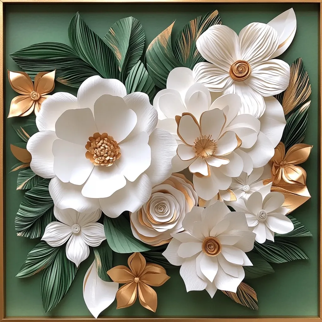 A square artwork features a lush arrangement of intricately crafted paper flowers.  Large, white blossoms with gold centers dominate, surrounded by smaller, complementary flowers in white and gold.  The flowers are artfully layered against a backdrop of deep green paper leaves, creating a three-dimensional effect.  The entire composition is framed in a simple gold border, enhancing the elegant and sophisticated feel of the piece.  The detailed paper work demonstrates impressive skill and precision.