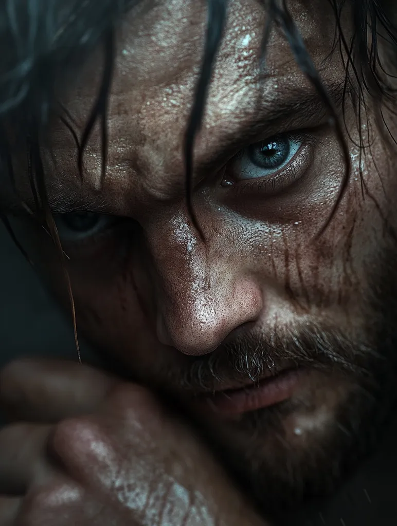 Here's a description of the image:

The close-up shot focuses on a man's weathered face, his expression intense and brooding.  His dark, wet hair clings to his forehead, highlighting sweat and what appears to be dried blood or dirt streaking his cheeks.  His eyes, one clearly visible, are a striking light blue, contrasting with his harsh features.  The man's hands, also marked with grime and possibly injury, are brought up to his face, conveying a sense of weariness or contemplation. The overall mood is dark, gritty, and suggestive of a struggle or survival. The lighting emphasizes texture and shadows, adding depth to the image.