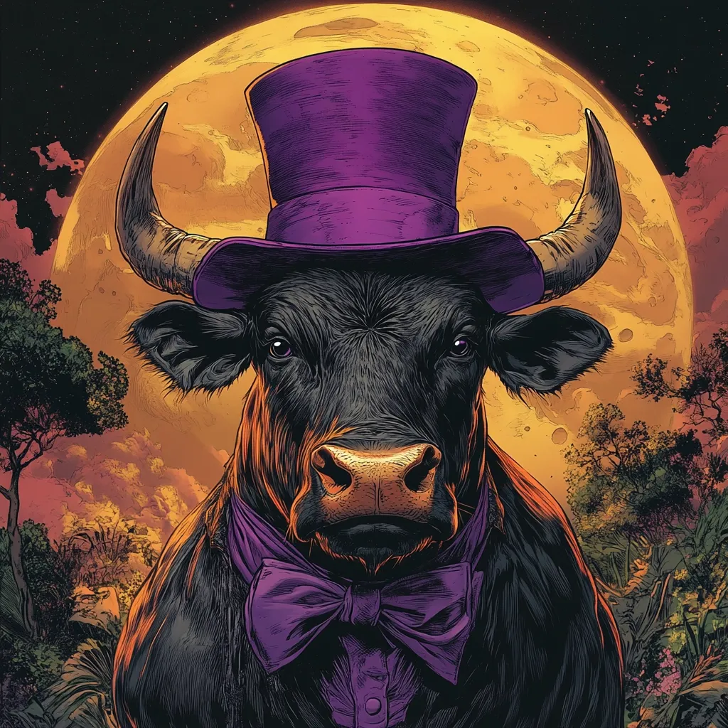 Here's a description of the image:

The illustration showcases a black bull, prominently featured against a backdrop of a large, orange-hued moon and a silhouetted landscape.  The bull is depicted wearing a purple top hat and bow tie, adding a touch of unexpected sophistication to its otherwise rugged appearance.  The style is detailed and realistic, with a focus on texture and shading, giving the image a slightly vintage feel.  The contrast between the bull's dark fur and the vibrant moon creates a striking visual effect. The overall atmosphere is intriguing and slightly surreal.