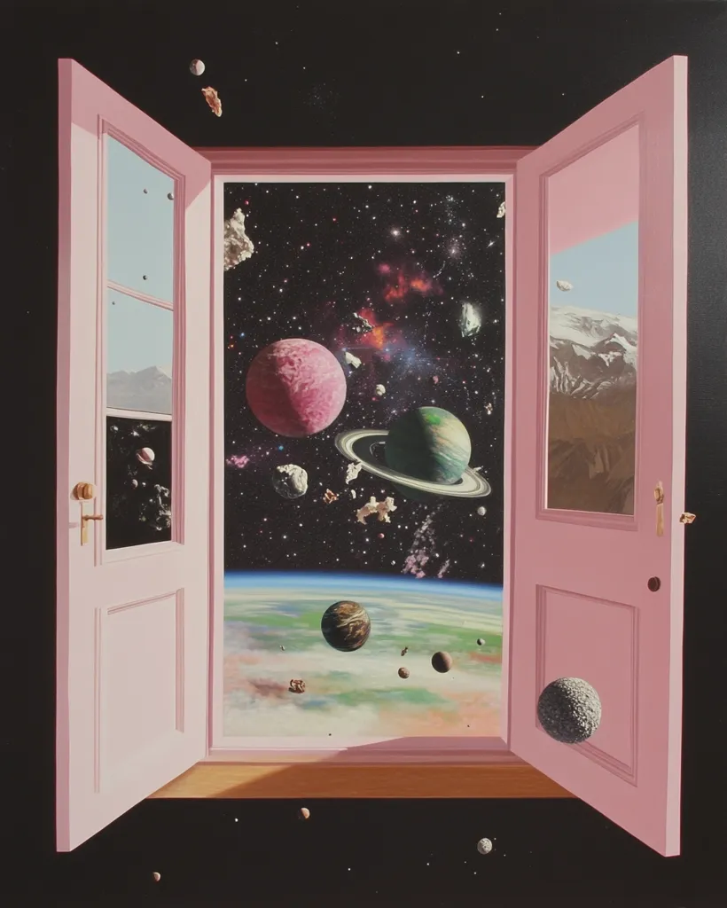 A surreal painting depicts a pink door opening to reveal a cosmic vista.  The doorway frames a vibrant space scene filled with planets, asteroids, and nebulae.  A pinkish planet dominates the left, while a ringed planet resides centrally.  The Earth's horizon is visible at the base.  The door's other side shows a mundane landscape, suggesting a stark contrast between the everyday and the extraordinary.  Small celestial bodies scatter both inside and outside the frame, adding to the fantastical feel.