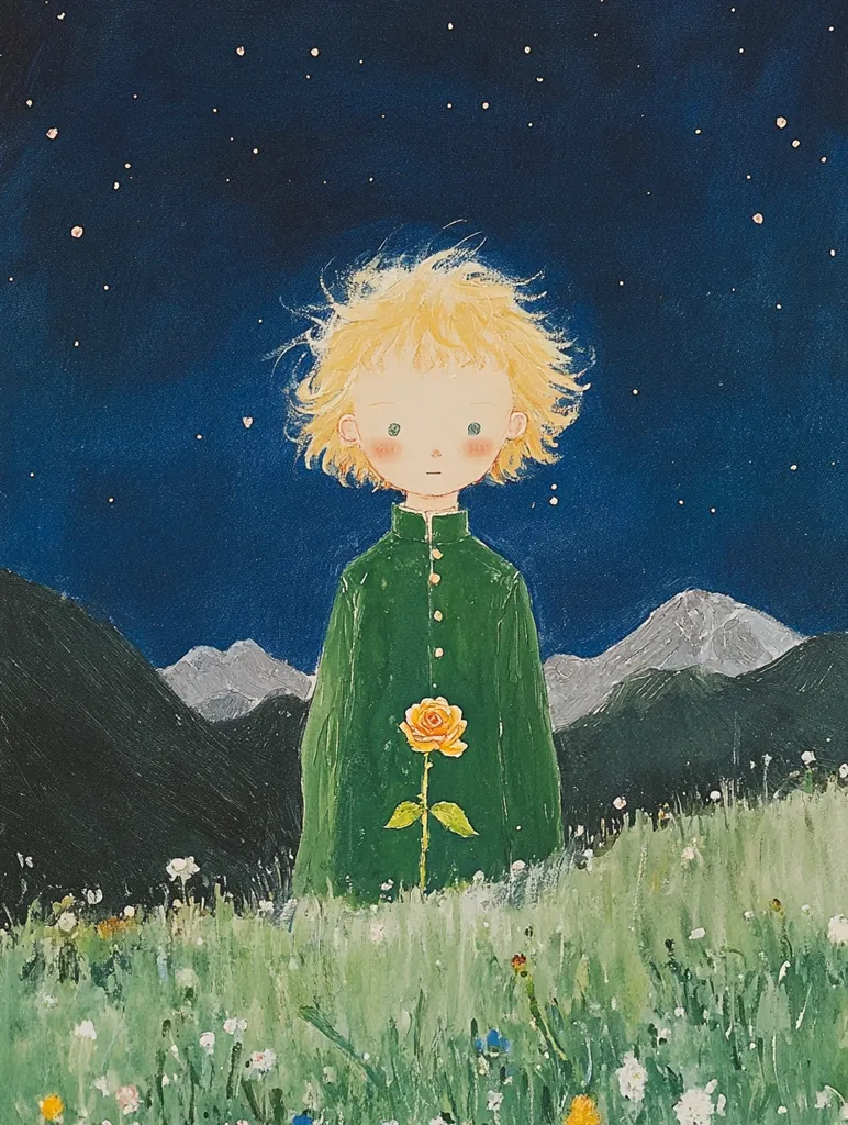 Here's a description of the image:

The painting depicts a stylized rendition of The Little Prince, a young boy with blond, tousled hair, wearing a dark green jacket. He stands in a field of wildflowers, a single orange rose subtly embroidered or painted onto his chest.  A backdrop of dark, mountainous terrain is visible under a deep blue, starlit night sky. The style is reminiscent of children's book illustration, using soft colors and simple forms to create a peaceful, dreamlike atmosphere. The overall mood is serene and slightly melancholic.