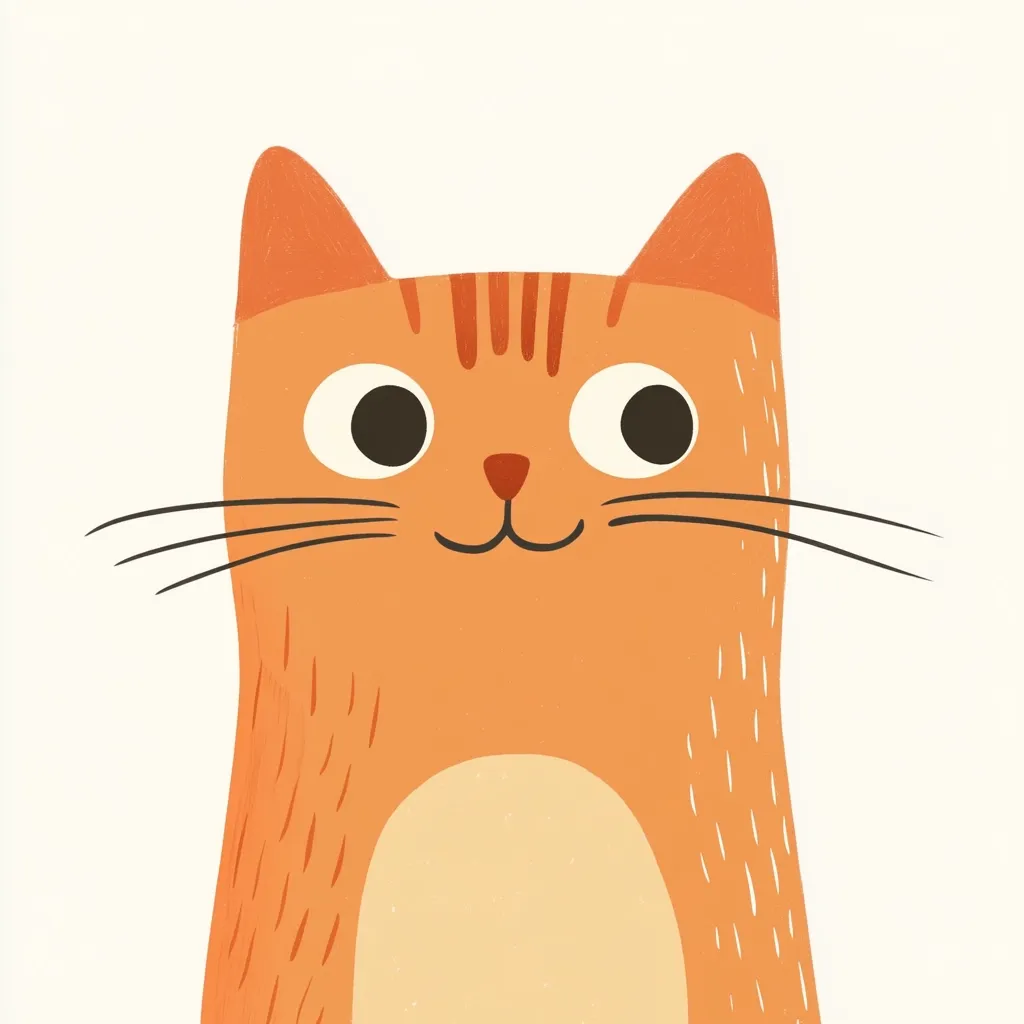 Here's a description of the image:

The illustration features a cheerful, stylized orange tabby cat.  Its large, expressive eyes are wide and round, and it has a small, upturned mouth suggesting a happy expression. The cat's fur is depicted with short, textured strokes of orange, giving it a soft appearance.  Simple, dark orange stripes run down its back.  The cat's body is mostly orange, with a lighter beige underbelly. Delicate whiskers extend from its face, completing its charming and friendly demeanor. The background is plain white, making the cat the clear focal point. The overall style is simple, cute, and slightly cartoonish.