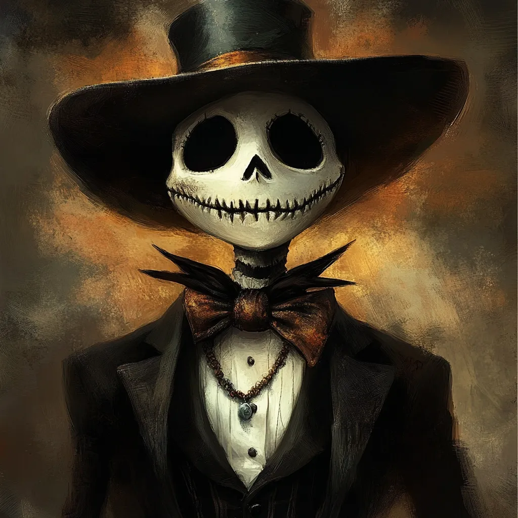The image is a stylized portrait of a skeletal figure, reminiscent of Jack Skellington. The figure wears a top hat, a dark suit with a vest and bow tie, and a necklace with a pendant. The skull's face is expressive, with dark eye sockets and a stitched-mouth grin. The background is a dark, textured, brownish-orange, creating a moody and slightly unsettling atmosphere. The artistic style is painterly and dramatic, with visible brushstrokes contributing to the overall effect.